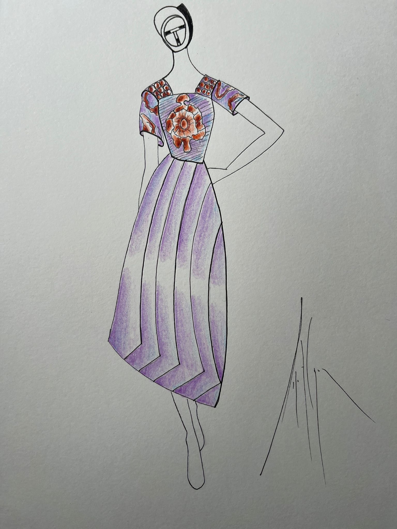 Designer drawing of mid length short sleeved dress with pleated skit and a floral motif on the bodice